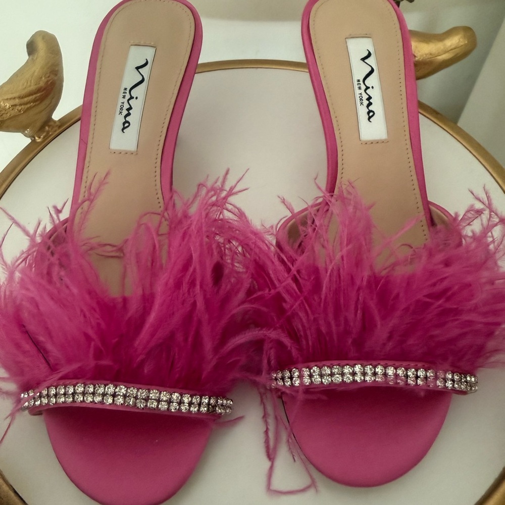 Nina Fuchsia Feathered Kitten Heels with Rhinestones